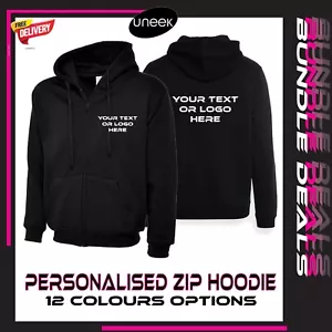 Personalised Custom Printed Zipped Hoodie your text logo unisex workwear top zip - Picture 1 of 21