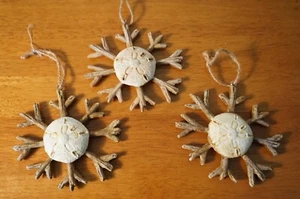 3 Sand Dollar Driftwood Snowflake Christmas Ornaments Tropical Beach Home Decor - Picture 1 of 4