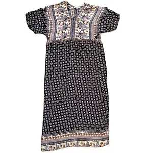 STILLETTOS Womens MAXIE DRESS Size XL Short Sleeve BLUE PRINT Sheer w Long Slit - Picture 1 of 12