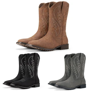 Rollda Men's Western Cowboy Boots Velvet Lining Square Toe Leather Work Boots - Picture 1 of 81