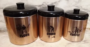 Vintage Kupfer Hawthorne 3 Stück KANISTER SET Bauer Landwirtschaft Bauernhof mit schwarzen Deckeln - Bild 1 von 11