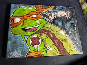 9 x 12 acrilico dipinto Tmnt Mikey ritratto INCHIOSTRO CORTO graffiti arte dec - Foto 1 di 4