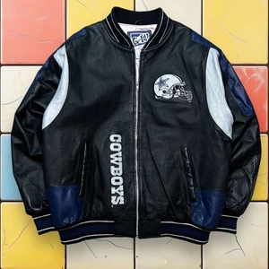 VTG 90s Dallas Cowboys Jacket L Carl Banks G-III Leather NFL Bomber Black Blue - Picture 1 of 20