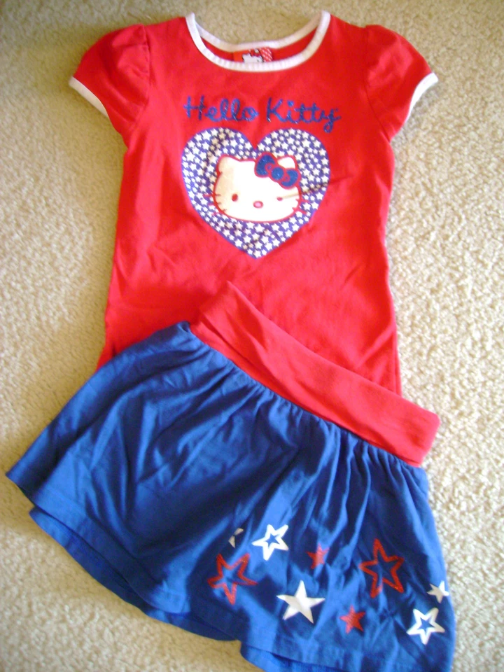 Conjunto Skort Niñas HELLO KITTY 4 Julio ROJO BLANCO AZUL Estrellas Talla 5 Brillos Foto 1 de 2