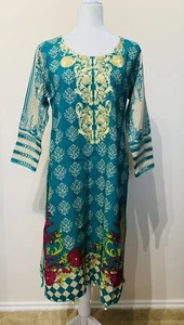 Nuova donna kameez kurti ricamata indiana pakistana taglia L blu - Foto 1 di 8