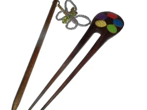 PAIR CARVED WOODEN JEWELED HAIR STICKS NWT - Picture 1 of 2