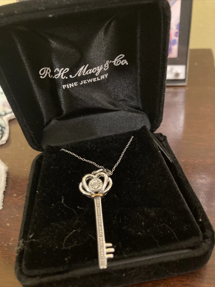 Macy's Diamond Accent Heart & Lock Key Necklace 18" Pendant 925 Sterling Silver