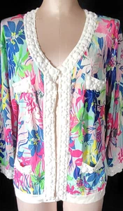 MICHAEL SIMON maglione cardigan donna PIETRE PERLINE FLOREALE grande rosa verde blu - Foto 1 di 14