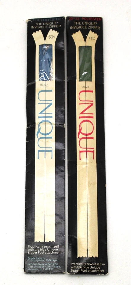 Vtg NOS Unique Invisible Zippers Lot 2 Olive Green 20-22" Copen 7-9" Polyester - Image 1 of 2