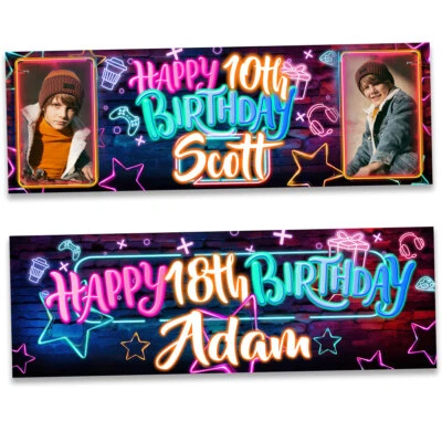 Personalised birthday banner photo neon colour boy girl man party deocration - Image 1 of 4