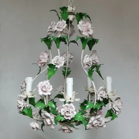 VINTAGE ITALIAN TOLE CHANDELIER CEILING LIGHT 5 ARMS PORCELAIN ROSES FLOWERS Cover