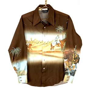 Vintage 1970's Shirt Medium Brown Long Sleeve Button Up 1001 Nights 70s - Picture 1 of 3