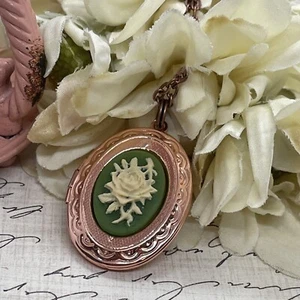 Dainty Rose Gold Locket Cameo Green Cream Wedding Jewelry Gift Birthday Necklace - Picture 1 of 10