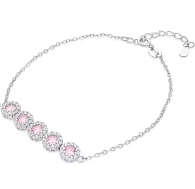 Bracciale donna argento 925  rodiato  bianco  gioiello catena rollò zirconi rosa - Immagine 1 di 4