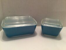 Vtg. Lot of 2 Pyrex Horizon Turquoise Blue Refrigerator Dishes W/ Lids 501/502