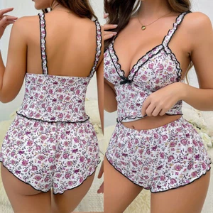 Womens Pajama Set Floral Short PJs Set V Neck Sleeveless Sleepwear Nightwear Set - Picture 1 of 9