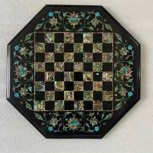  Marble Chess Set Black – Semi-Precious Floral Inlay, Elegant Chess Decor - Picture 1 of 4