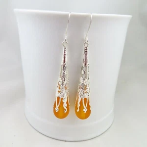 Long yellow sea glass earrings Victorian style silver colored filligree jewelry - Picture 1 of 6