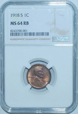 1918 S NGC MS64RB Red and Brown Lincoln Wheat Cent - Image 1 of 2