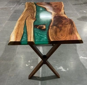 Maßgeschneiderte Live Edge Epoxidgrün Harz Holz Fluss Stil Esszimmer Büro Tischplatte - Bild 1 von 9