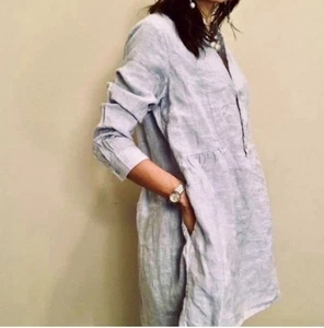 Halston Leinen Hemdblusenkleid Muschelknöpfe Taschen Chambray blau 100% Leinen Gr. S - Bild 1 von 15