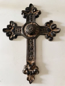 "Colgante de pared vintage cruz metal fundido religioso decorativo rústico marrón 13X9,5""" - Imagen 1 de 9