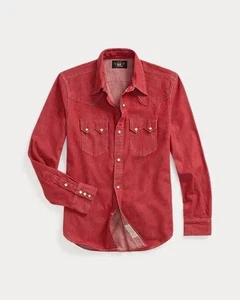 RRL Ralph Lauren Double RL Red Denim Sawtooth Western Pearl Snap Button Shirt L - Picture 1 of 14