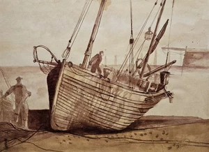 Penzance Harbour 1964 - Cornish Fishing Boat PZ727 - Sepia Ink & Wash Zeichnung - Bild 1 von 3