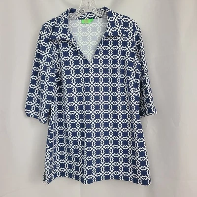 Blusa elástica casual náutica praia costeira geométrica branca marinha Katherine Way L - Imagem 1 de 4