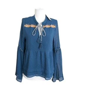 Blue Rain Boho Top Sz M Ruffled Swiss Dot Whimsigoth Fairy Grunge Flare sleeve - Picture 1 of 11