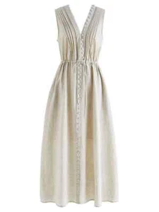 NWT Chic Wish Buttoned Linen Cotton Retro Indie Maxi Dress Sleeveless Beige Sz.M - Picture 1 of 18