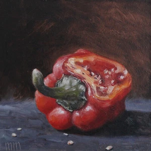 Bell Pepper oil painting, Red Pepper Still Life, Small Original Kitchen Art 6x6" - Picture 1 of 6
