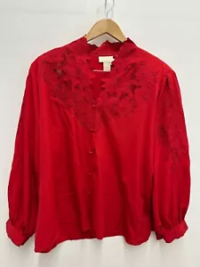 VTG Maurada Pullover Button Red Floral Lace Embroidery Blouse Top Womens 24 - Picture 1 of 6