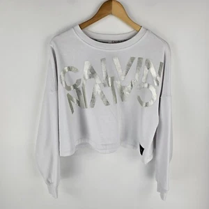 Calvin Klein Performance Jumper Womens L White Metallic Logo Cropped Sweater - Picture 1 of 8