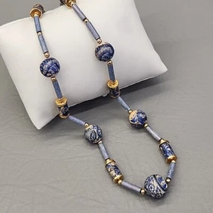 Beaded Necklace Blue Transferware Beads Glass Tube 18" - Picture 1 of 12