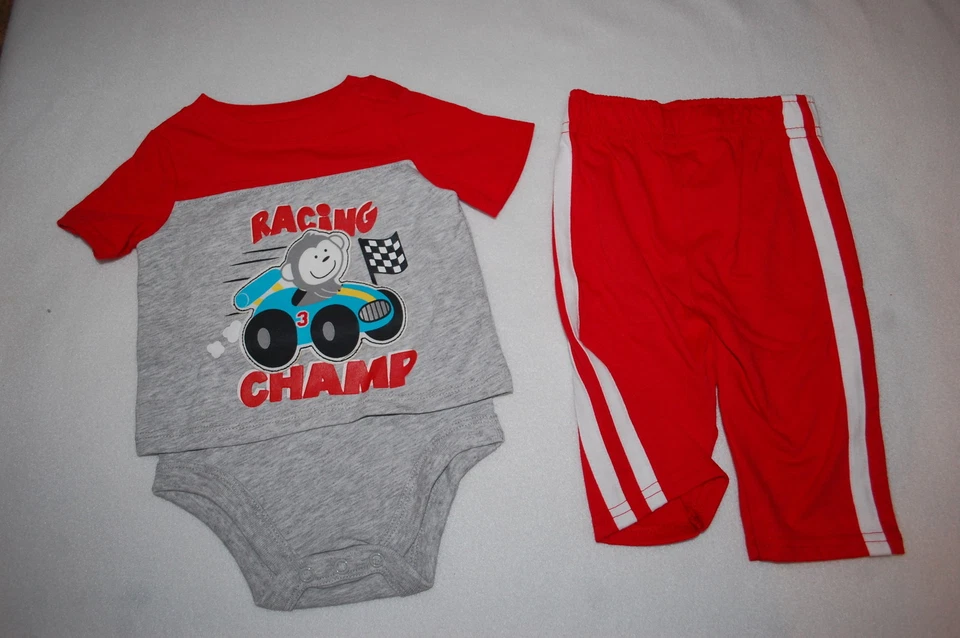 Baby Boys Outfit RACING CHAMP S/S T-SHIRT Monkey Car GRAY RED Knit Pants 0-3 MO - Image 1 of 1