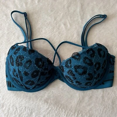 Pink Victorias Secret Date Push Up Bra 32D Turquoise Black Lace Animal Print - Image 1 of 4