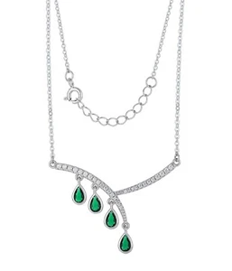 Aurora: Rhodium-plated .925 lab-created teardrop Emerald Necklace w/ pave - Picture 1 of 5