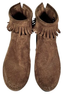 Minnetonka Talla 8.5 MARRÓN Gamuza Flecos MOCASÍN BOTÍN Cremallera Trasera - Imagen 1 de 10