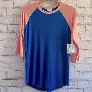 Camiseta de béisbol LuLaRoe Randy azul liso y rosa/melocotón talla XS grabada nueva con etiquetas - Imagen 1 de 7