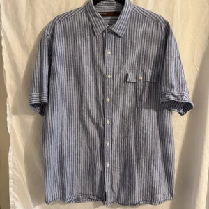 Perry Ellis Washable Linen Cotton Blend Blue Stripe Short Sleeve Button Up XL - Picture 1 of 6