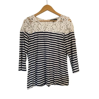 Brixton Ivy Women's Soft 3/4 Sleeve Striped Lace Pullover Top Size XL Blue White - Image 1 of 4