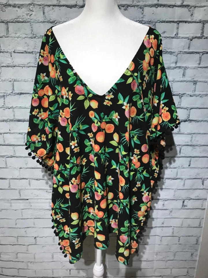 Xhilaration, L, Negro Estampado Floral Manga Corta con Pompones, Cubierta de Natación, Tropical Foto 1 de 4