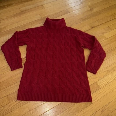 Ann Taylor 100 % cachemir tejido con cable suave cálido cuello alto medio borgoña Foto 1 de 3