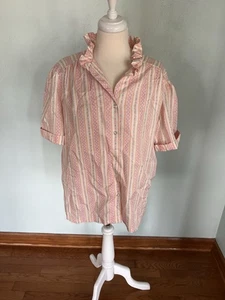 Camisa vintage a rayas manga corta abotonada Prairiecore Grandmacore cuello con volantes - Imagen 1 de 3