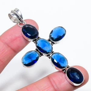 Faceted Iolite Gemstone 925 Sterling Silver Gift Jewelry Cross Pendant 3.20" O75 - Picture 1 of 7
