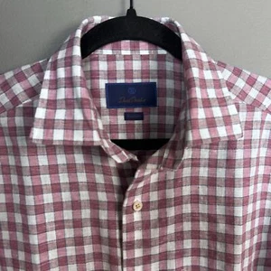David Donahue camicia uomo media NUOVA abbottonata check rosso lino cotone lavoro - Foto 1 di 11