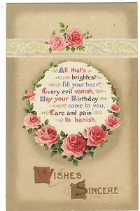 Vintage Postcard Birthday Wishes Sincere Poem Embossed Roses   - Picture 1 of 4