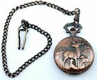 Moose Deer with Dogs Pocket Watch Quartz Working Condition Coppertone with Chain