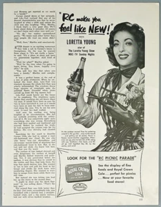 Anuncio impreso Loretta Young, Royal Crown Cola, R.C., RC, original vintage años 40 - Imagen 1 de 1